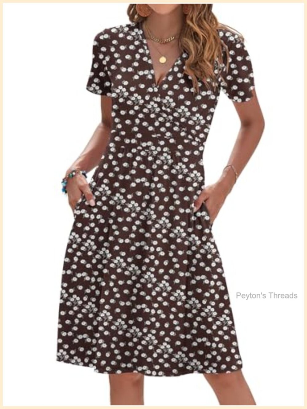Womens Summer Faux Wrap Dress Short Sleeve V Neck Knee Length Casual
